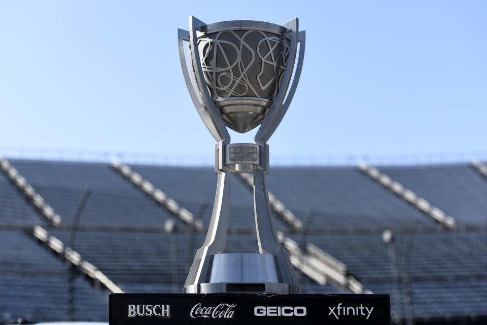 MARTINSVILLE, VIRGINIA - NOVEMBER 01:  A detail of the NASCAR Cup Series trophy on the grid prior to the NASCAR Cup Series Xfinity 500 at Martinsville Speedway on November 01, 2020 in Martinsville, Virginia. (Photo by Jared C. Tilton/Getty Images)