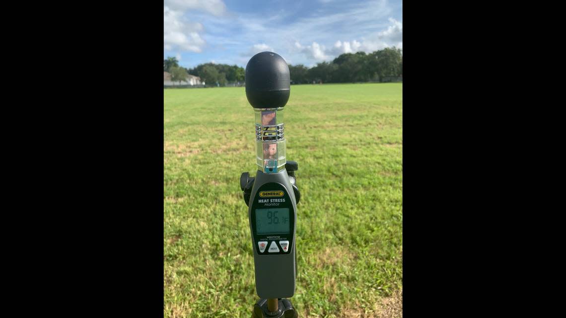 The wet bulb globe thermometer recorded temperatures as high as 96 during football practice Monday, August 7, 2023 at Miami Palmetto Senior High. The temperatures fluctuated throughout the practice.