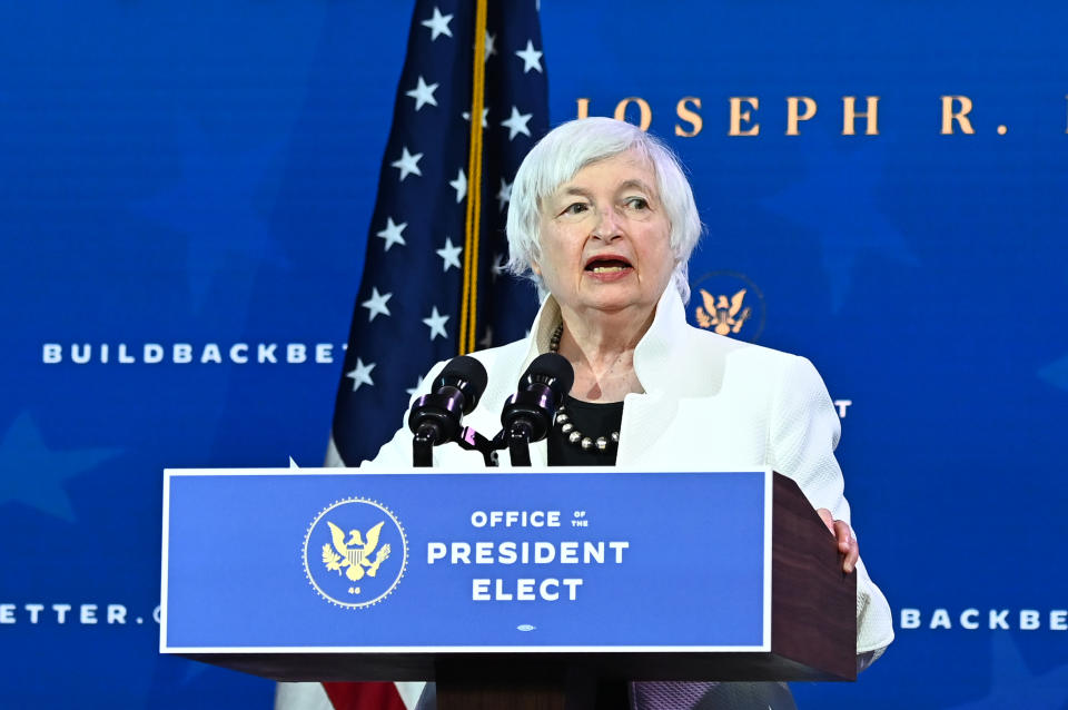 Treasury secretary nominee Janet Yellen speaks after US President-elect Joe Biden announced his economic team at The Queen Theater in Wilmington, Delaware, on December 1, 2020. (Photo by Chandan KHANNA / AFP) (Photo by CHANDAN KHANNA/AFP via Getty Images)