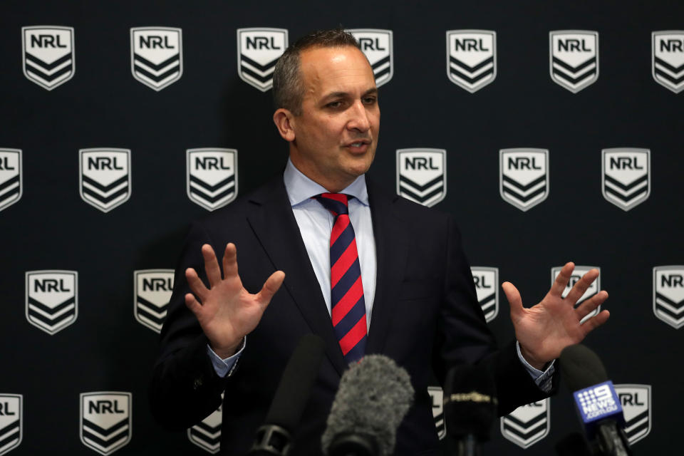 Pictured here, NRL CEO Andrew Abdo speaking to media during a press conference in Sydney.