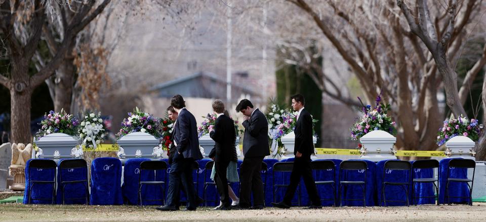 A group of young people leave the cemetery following graveside services in La Verkin, Washington County, for members of the Haight and Earl families. Tausha Haight, her 17-year-old daughter Macie, 12-year-old daughter Brilee, 7-year-old twins Sienna and Ammon, 4-year-old son Gavin and Height’s mother Gail Earl were laid to rest in the La Verkin City Cemetery on Friday, Jan. 13, 2023. | Scott G Winterton, Deseret News