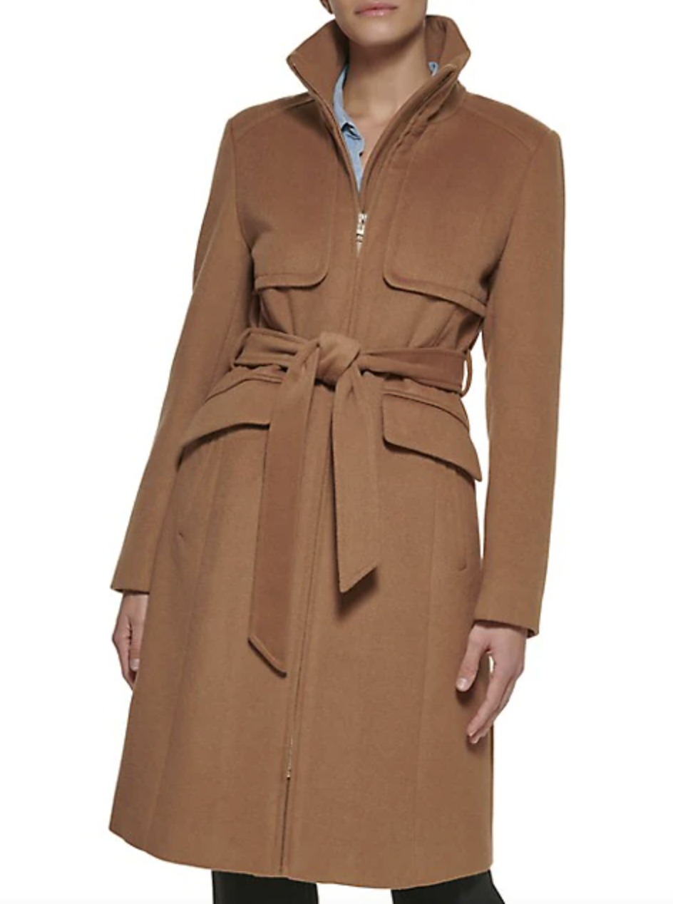 Karl Lagerfeld Paris Belted Stand-Collar Wool-Blend Coat in camel with belt