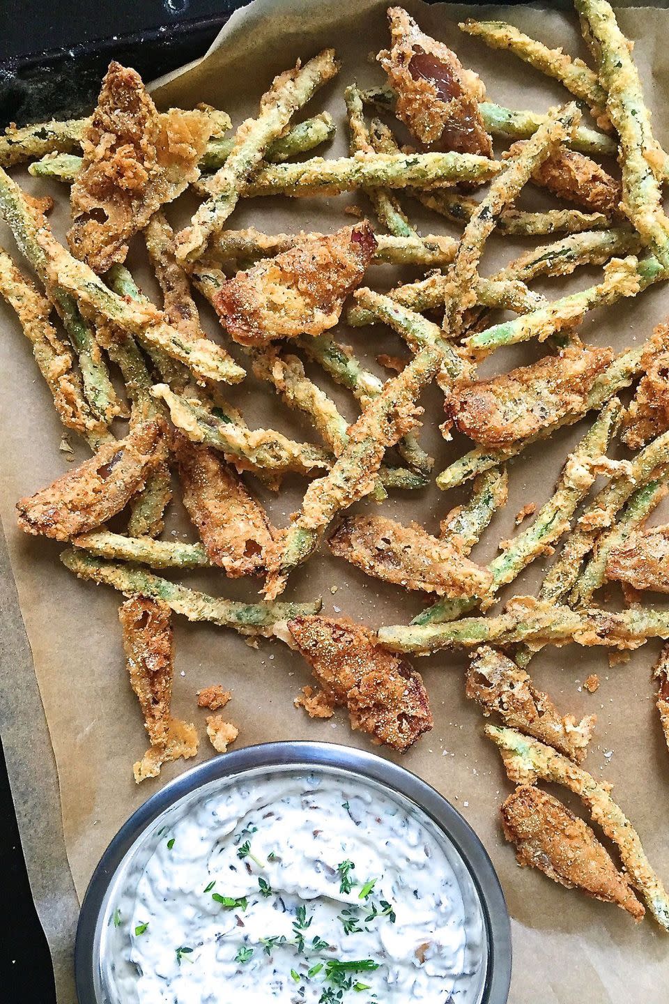 Fried Green Beans and Onions with Creamy Mushroom Dip