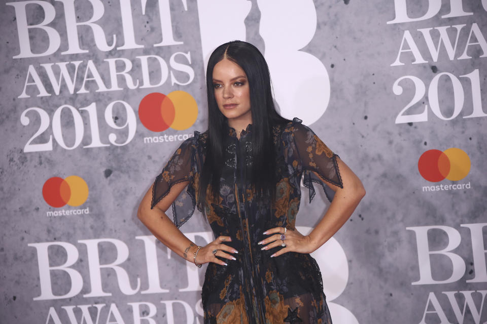 Singer Lily Allen poses for photographers upon arrival at the Brit Awards in London, Wednesday, Feb. 20, 2019. (Photo by Joel C Ryan/Invision/AP)