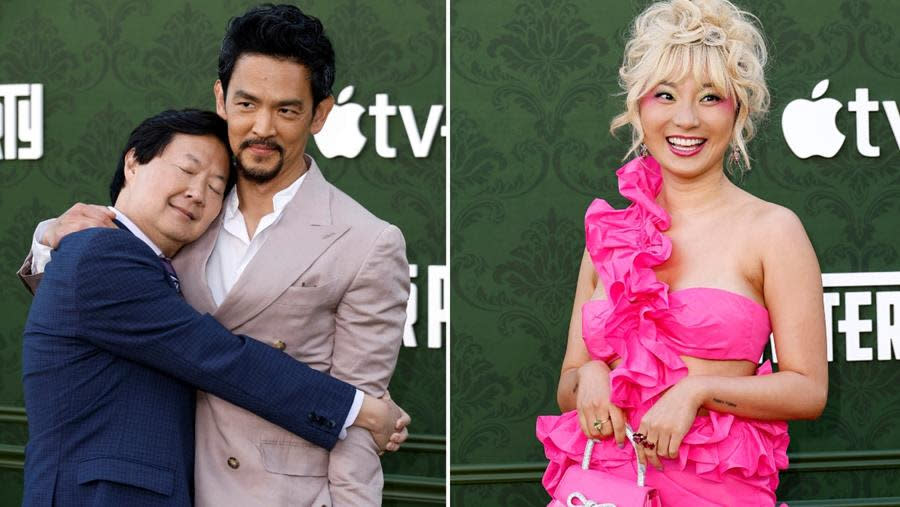 (Left) Ken Jeong and John Cho feel the love, while Poppy Liu (Right) is pretty in pink at the premiere for Apple TV+’s Season 2 of “The Afterparty” at the Regency Bruin Theatre Westwood. (Frazer Harrison/Getty Images)
