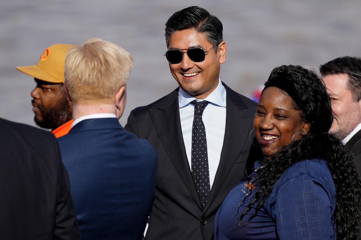 Cincinnati Mayor Aftab Pureval at an event on the banks of the Ohio River in Covington touting the bipartisan infrastructure law which will fund major changes to the Brent Spence Bridge and surrounding infrastructure.