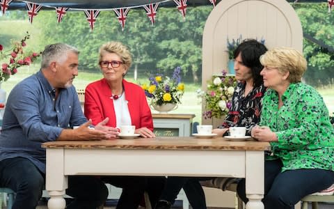Paul Hollywood, Prue Leith, Noel Fielding and Sandi Toksvig on the new Bake Off - Credit: Mark Bourdillon/Channel 4