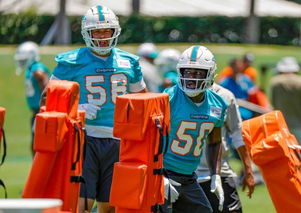 Miami Dolphins linebackers Mohamed Kamara (50) and Aaron Lynch (56) during practice at the Baptist Health Training Complex in Miami Gardens.