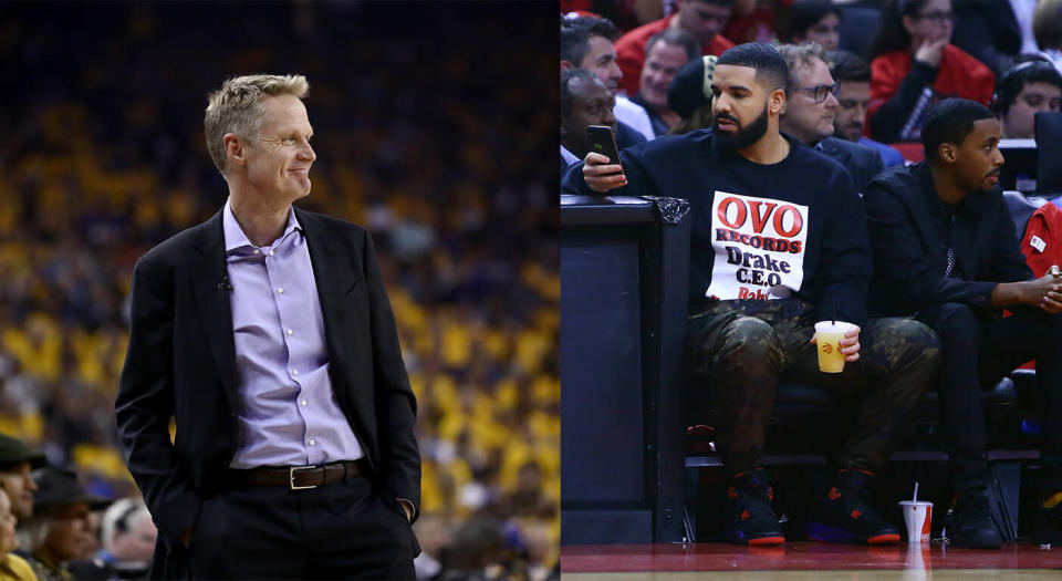 Warriors head coach Steve Kerr used a question about Toronto rapper and Raptors superfan Drake as the perfect opportunity to drop an awful Dad joke. (Getty)