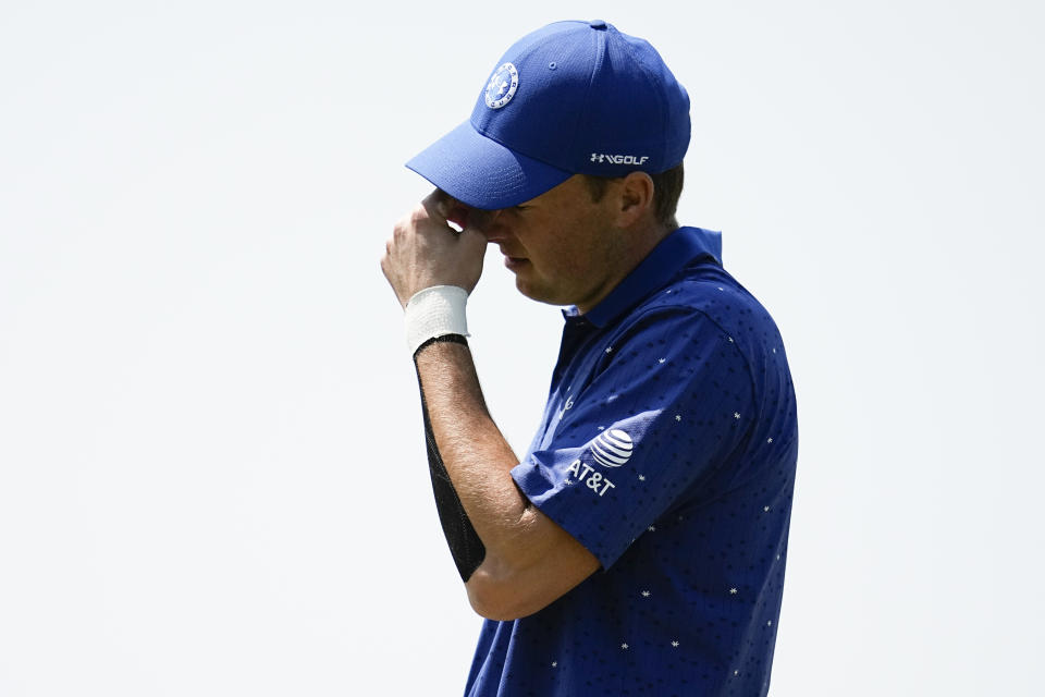 Jordan Spieth reacts after missing a putt on the third hole during the first round of the PGA Championship golf tournament at Oak Hill Country Club on Thursday, May 18, 2023, in Pittsford, N.Y. (AP Photo/Abbie Parr)