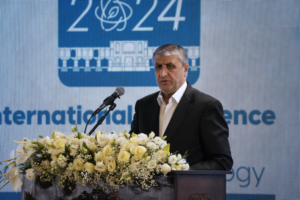 Head of Iran's atomic energy department Mohammad Eslami speaks during Iran's "International Conference on Nuclear Science and Technology" in the central city of Isfahan, Iran, Monday, May 6, 2024. (AP Photo/Vahid Salemi)