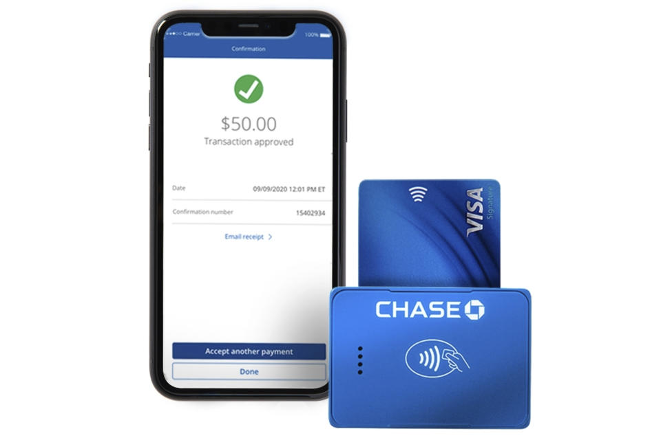 This image provided by JPMorgan Chase shows the their new electronic payment platform and mobile card reader. After watching the explosive growth at electronic payment start-ups like Jack Dorsey’s Square, JPMorgan Chase has launched its own version to lure small business owners increasingly relying on technology during the pandemic. (JPMorgan Chase via AP)