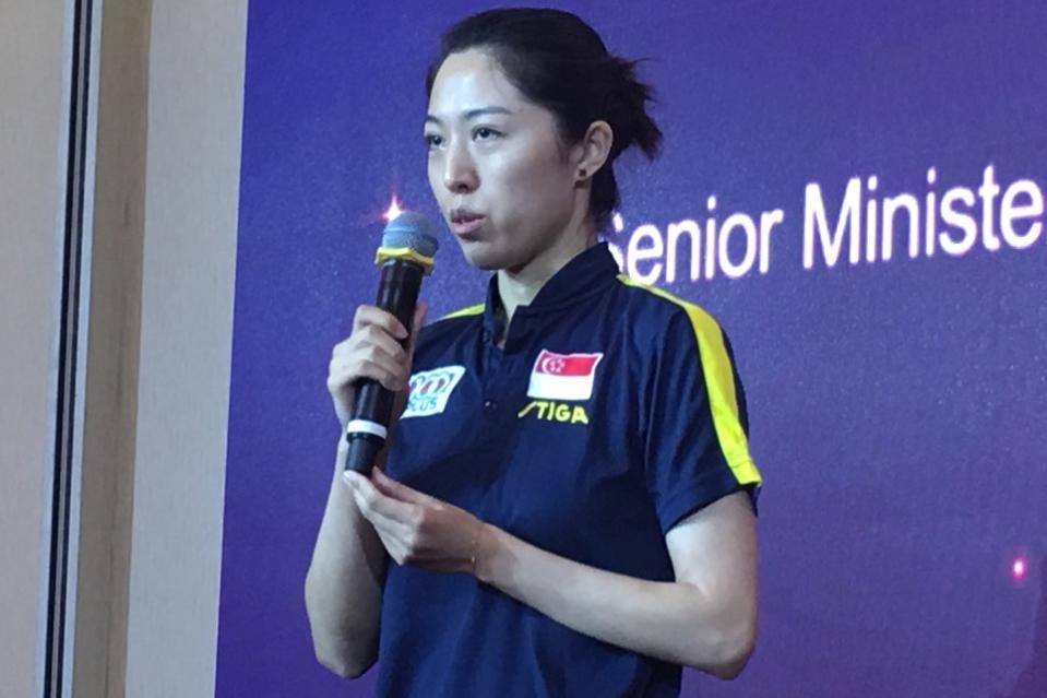 National paddler Yu Mengyu during her acceptance speech after being awarded the Player of the Year at the STTA Annual Awards Night on 27 February 2019. (PHOTO: Chia Han Keong/Yahoo News Singapore)