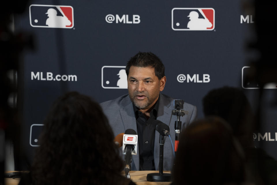 Washington Nationals manager Dave Martinez responds to questions during the Major League Baseball winter meetings Monday, Dec. 4, 2023, in Nashville, Tenn. (AP Photo/George Walker IV)