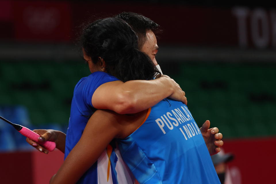 PV Sindhu with her coach Park Tae-Sang at the Olympics