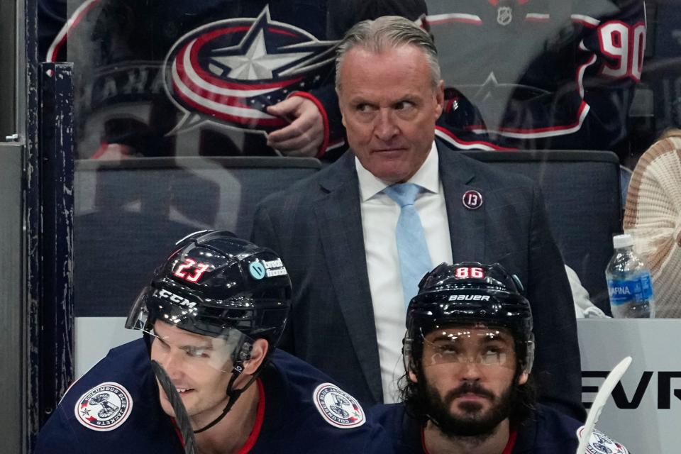 Sep 30, 2024; Columbus, Ohio, USA; Columbus Blue Jackets head coach Dean Evason watches from the bench during the second period of the NHL hockey game at Nationwide Arena. The Blue Jackets lost 3-2.