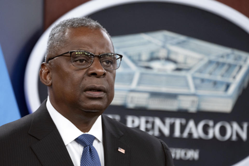 Secretary of Defense Lloyd Austin speaks during a news conference with Chairman of the Joint Chiefs of Staff Gen. Mark Milley at the Pentagon in Washington, Tuesday, July 18, 2023. (AP Photo/Manuel Balce Ceneta)