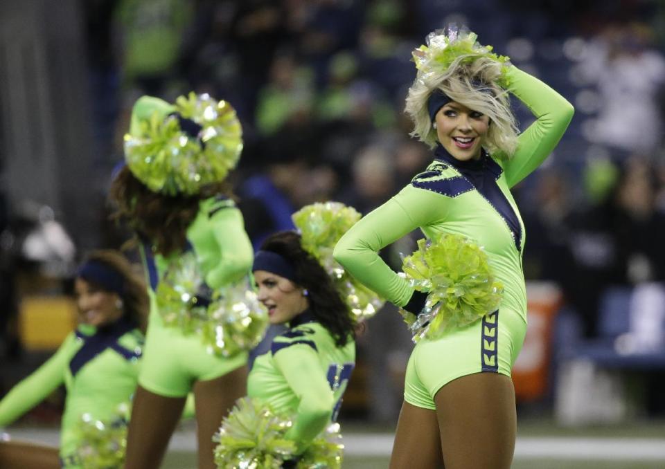 <p>Seattle Seahawks Sea Gals cheerleaders perform during an NFL football game against the Los Angeles Rams, Thursday, Dec. 15, 2016, in Seattle. (AP Photo/Elaine Thompson) </p>