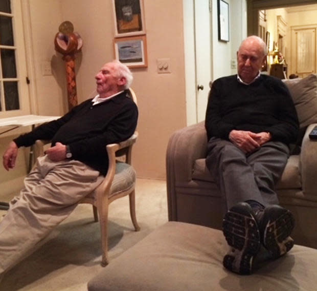 An undated photo of Mel Brooks and Carl Reiner enjoying television. / Credit: Annie Reiner