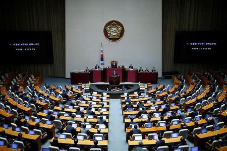 Lawmakers attend a plenary session to vote on the impeachment bill of President Park Geun-hye at the National Assembly in Seoul, South Korea, December 9, 2016. REUTERS/Kim Hong-Ji