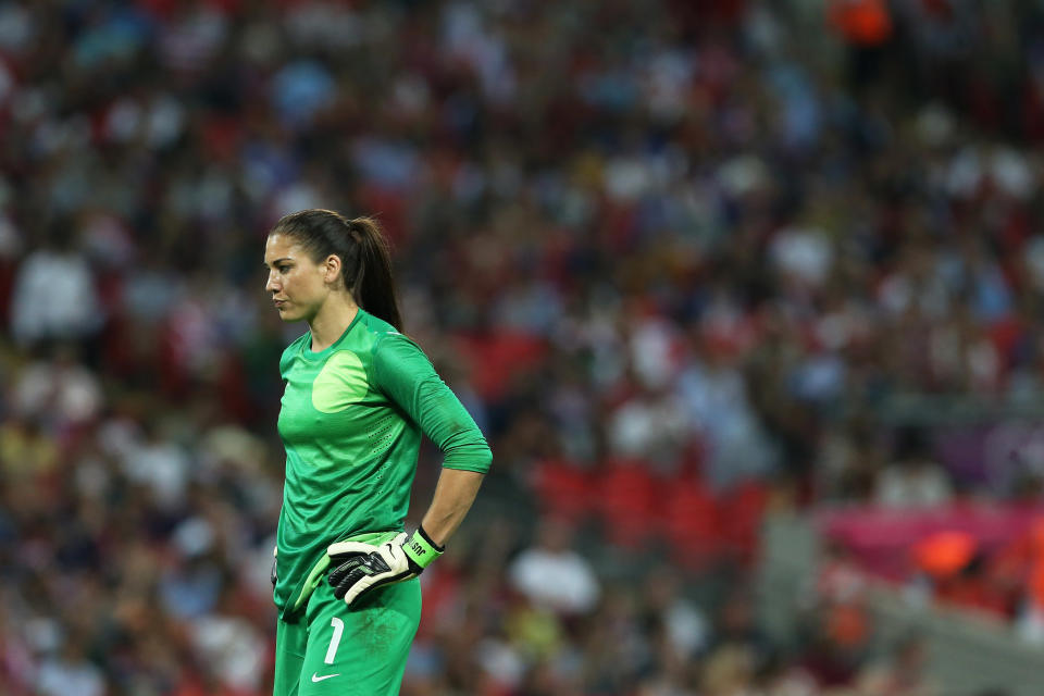LONDON, ENGLAND - AUGUST 09: Goalkeeper Hope Solo #1 of United States looks on in the second half against Japan during the Women's Football gold medal match on Day 13 of the London 2012 Olympic Games at Wembley Stadium on August 9, 2012 in London, England. (Photo by Ronald Martinez/Getty Images)