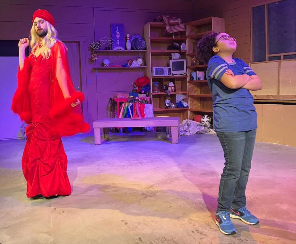 Agnes (Aya), left, helps Barney (Kemi Holley) learn about the importance of self-expression in Olympia Family Theater’s “Barney Carey Gets His Wings,” opening Friday, Feb. 23.