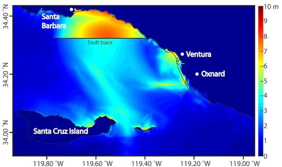 Map of regional peak tsunami amplitude in meters resulting from an earthquake on the Pitas Point and Lower Red Mountain fault system. The thin solid black line indicates the coastline and the thick black line indicates the Pitas Point fault tra