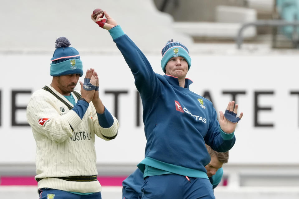 Australia's Steve Smith throws the ball during a training session at The Oval cricket ground in London, Monday, June 5, 2023. Australia will play India in the World Test Championship 2023 Final at The Oval starting June 7. (AP Photo/Kirsty Wigglesworth)