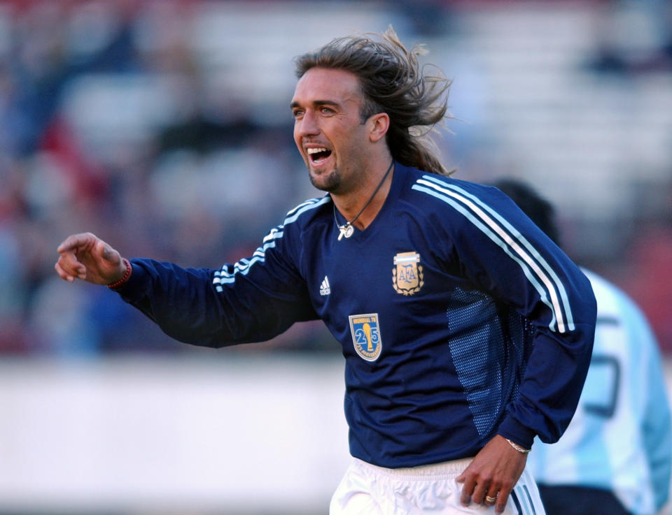 Argentine striker Gabriel Batistuta celebrates a goal during a game played in Buenos Aires, Argentina Wednesday July 9, 2003 to commemorate the 25th anniversary of the World Cup won in 1978. The game was played by retired and current Argentine players. (AP Photo/Daniel Luna)