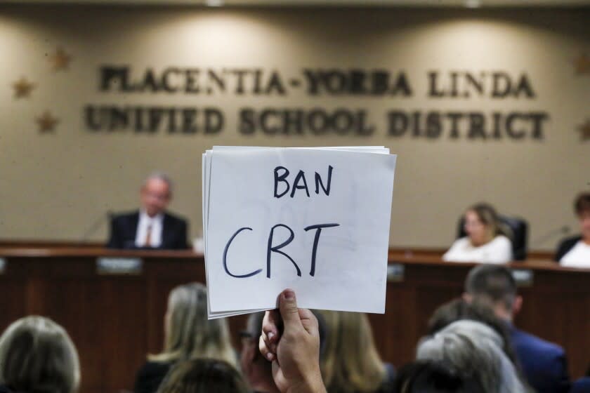 Yorba Linda, CA, Tuesday, November 16, 2021 - The Placentia Yorba Linda School Board discusses a proposed resolution to ban teaching critical race theory in schools. Robert Gauthier/Los Angeles Times)
