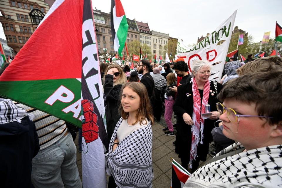 Climate activist Greta Thunberg takes part in the Stop Israel demonstration against Israel's participation in the 68th edition of the Eurovision Song Contest (via REUTERS)