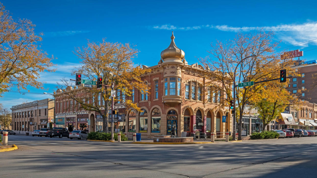 Rapid City, South Dakota, USA - October 06, 2018: street scene of downtown Rapid City with buildings and businesses.