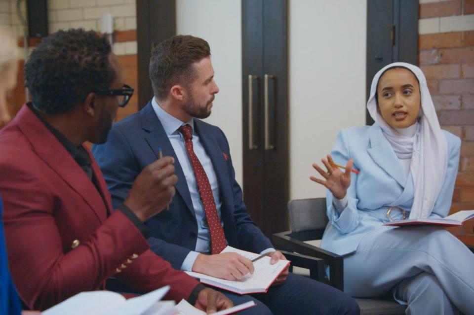 Addressing her team on  the show before she was kicked off (BBC / FreemantleMedia Ltd)