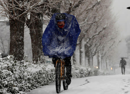 A man rides a bicycle in the heavy snow in Tokyo, Japan January 22, 2018. REUTERS/Kim Kyung-Hoon