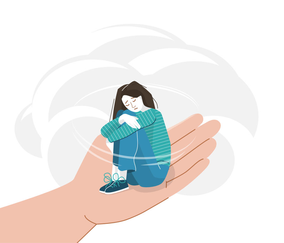 Sad young woman with lowered head hugging herself with her hands on her knees. Anxiety girl sitting on a helping hand. Help concept vector illustration.