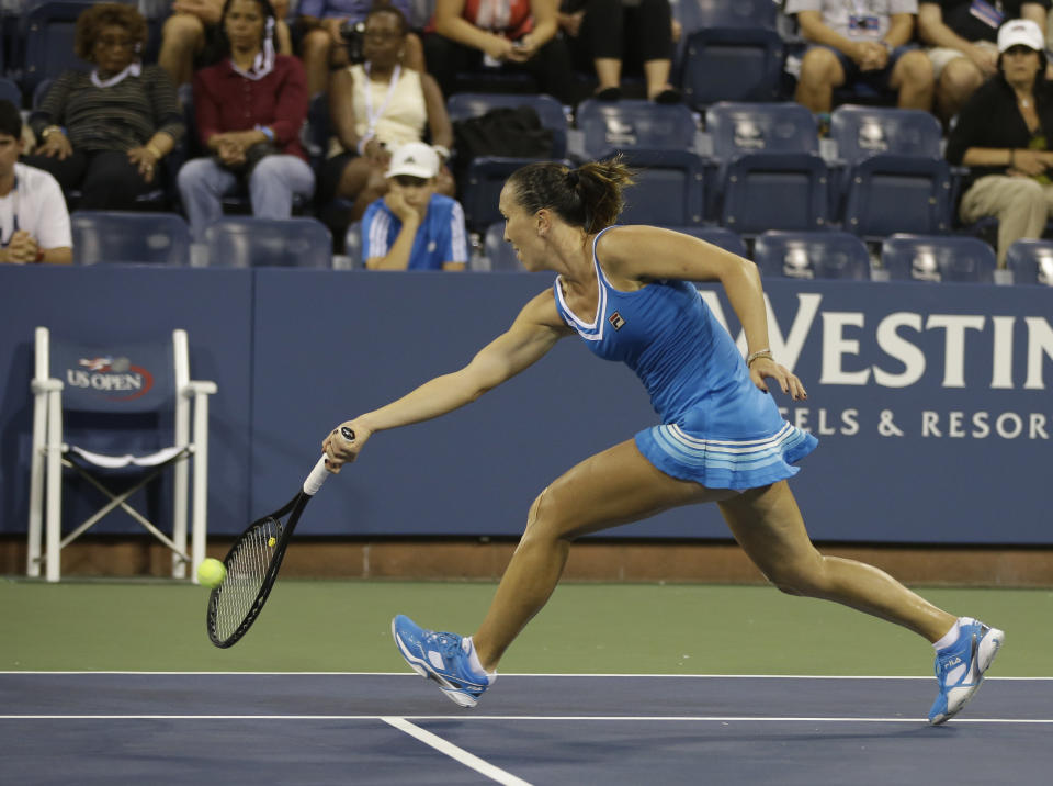 Serbia's Jelena Jankovic returns a shot to Madison Keys during the opening round of the U.S. Open tennis tournament Monday, Aug. 26, 2013, in New York. (AP Photo/Darron Cummings)