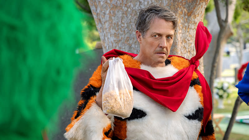 Hugh Grant in a tiger costume for Unfrosted. 
