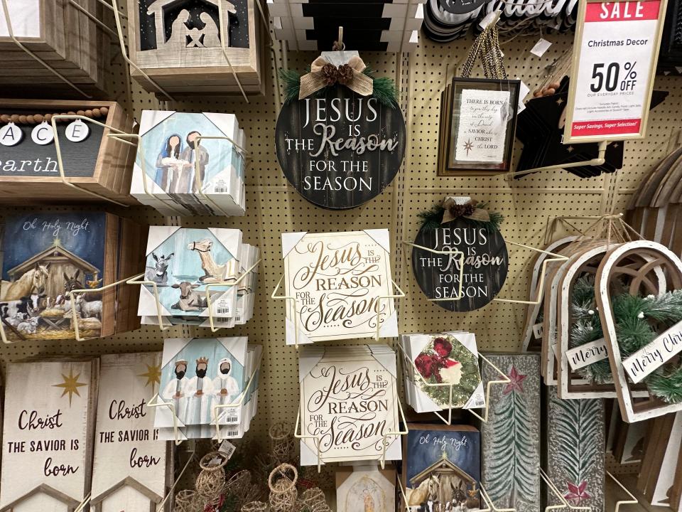Display of signs about Jesus at a Hobby Lobby