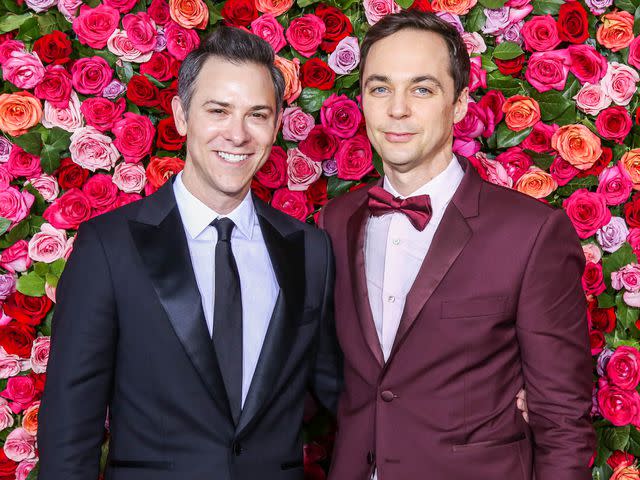 <p>Walter McBride/WireImage</p> Jim Parsons and his husband Todd Spiewak attend the 72nd Annual Tony Awards in June 2018 in New York City