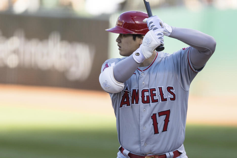 Los Angeles Angels' Shohei Ohtani at bat against the Oakland Athletics during the first inning of a baseball game in Oakland, Calif., Monday, June 14, 2021. (AP Photo/John Hefti)