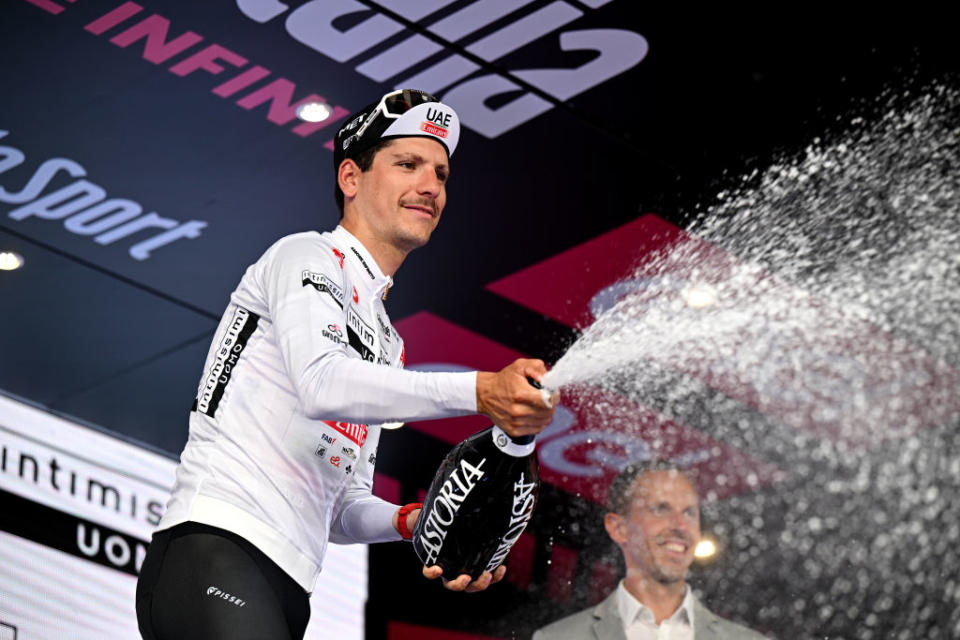 ROME ITALY  MAY 28 Joo Almeida of Portugal and UAE Team Emirates  White Best Young Rider Jersey celebrates at podium during the 106th Giro dItalia 2023 Stage 21 a 126km stage from Rome to Rome  UCIWT  on May 28 2023 in Rome Italy Photo by Tim de WaeleGetty Images