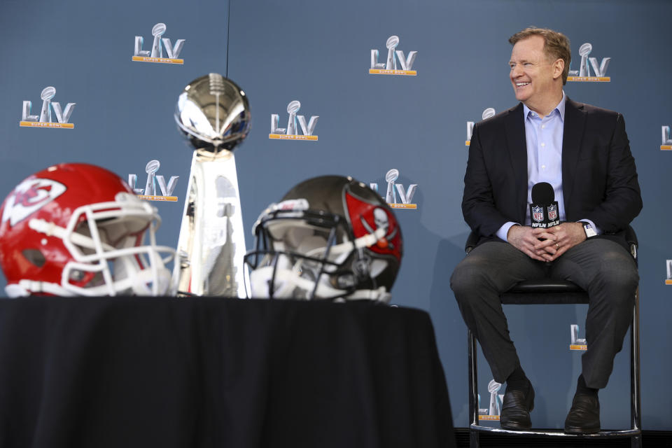 NFL football commissioner Roger Goodell speaks at a press conference ahead of Super Bowl 55, Thursday, Feb. 4, 2021, in Tampa, Fla. (Perry Knotts/NFL via AP)