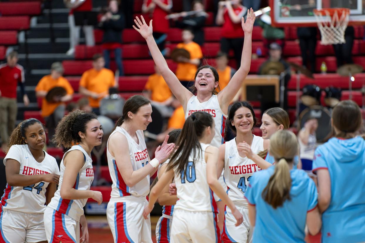 Shawnee Height's forward Kaydence Torrez (20) reacts after defeating Piper February. 28, 2024 at Shawnee Heights High School.