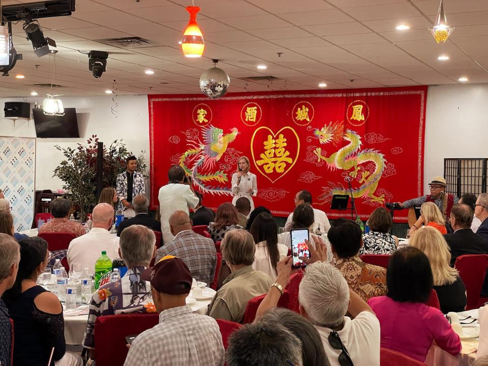 Karrin Taylor Robson speaks to a group of supporters at Phoenix Palace restaurant in Chandler, Arizona on July 13, 2022.