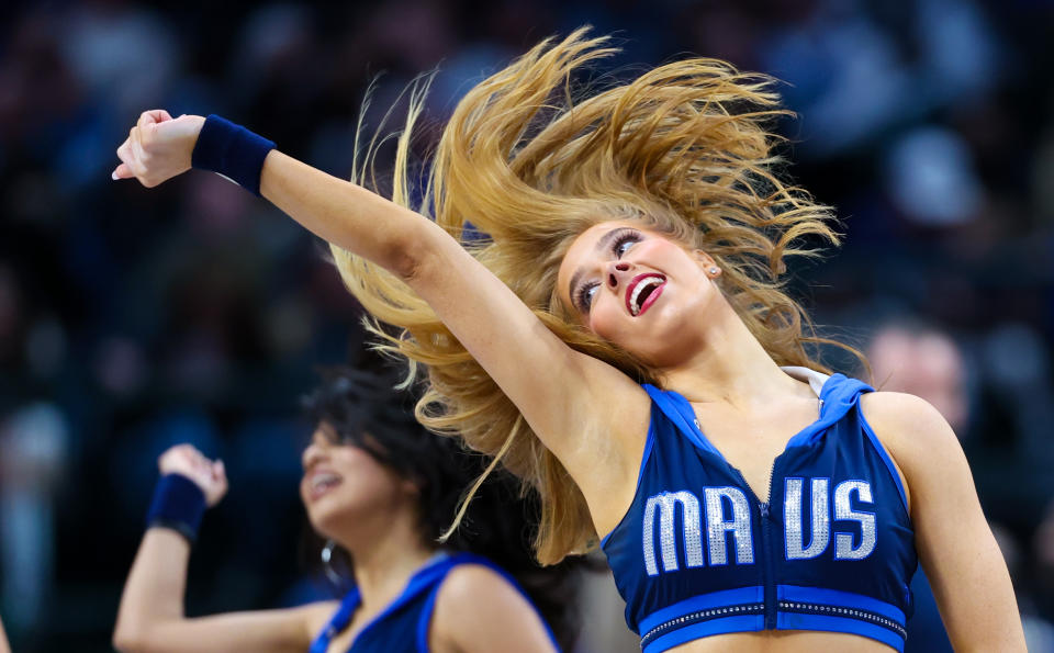 Feb 10, 2024; Dallas, Texas, USA; Dallas Mavericks dancer performs during the first half against the Oklahoma City Thunder at American Airlines Center. Mandatory Credit: Kevin Jairaj-USA TODAY Sports