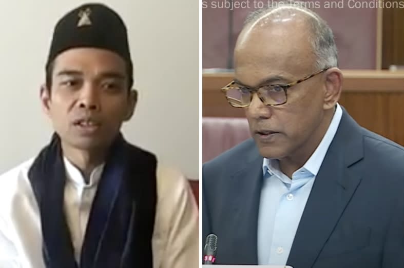 SCREENSHOTS: Indonesian preacher Abdul Somad Batubara and Law and Home Affairs Minister K Shanmugam (YouTube/Ministry of Communications and Information for right)