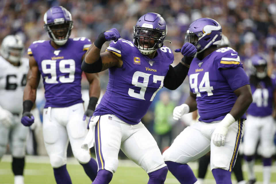 Minnesota Vikings defensive end Everson Griffen (97) celebrates after a sack during the first half of an NFL football game against the Oakland Raiders, Sunday, Sept. 22, 2019, in Minneapolis. (AP Photo/Bruce Kluckhohn)