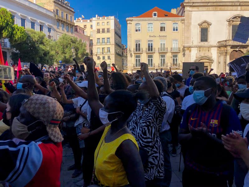 People take part in an anti-racism protest in honour of Bruno Cande in Lisbon