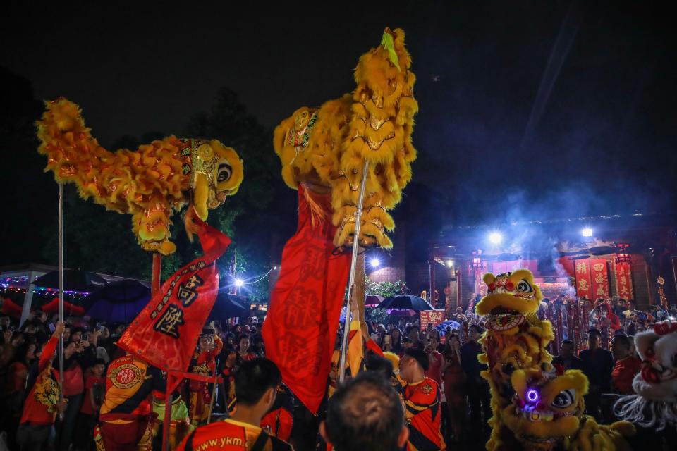 Lion dance from Australian Yau Kung Mun Association perform at Sze Yup Kwan Ti temple during Lunar New Year's Eve celebration on February 09, 2024 in Sydney, Australia.