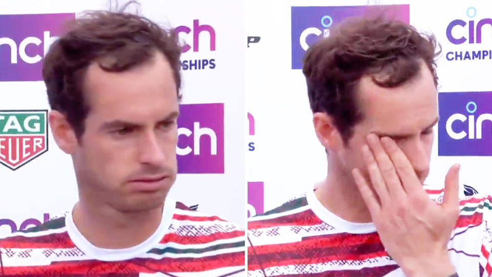 Andy Murray (pictured right) wiping away tears after breaking down in a press conference at Queen's.